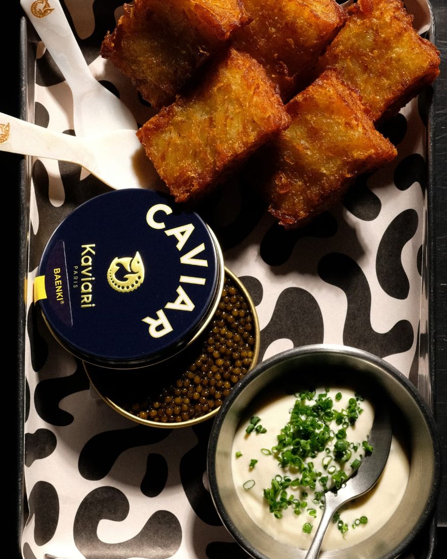 The 50g tin of Kaviari Baenki with hashbrowns and [CUISINE] kewpie