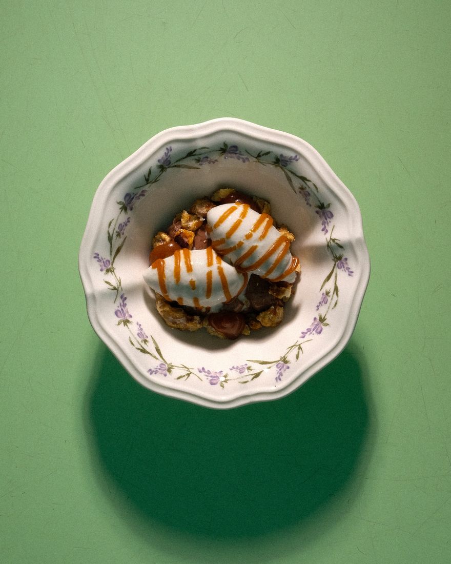 Chocolate & Deez Nuts: charcoal ice cream over chocolate cremeux and caramelised walnuts with miso caramel