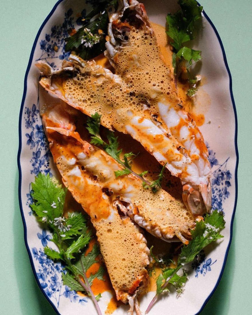 French langoustines XL with bisque and pecan chilli crisp
